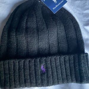 Polo by Ralph Lauren Dark Knit Beanie with Purple Logo